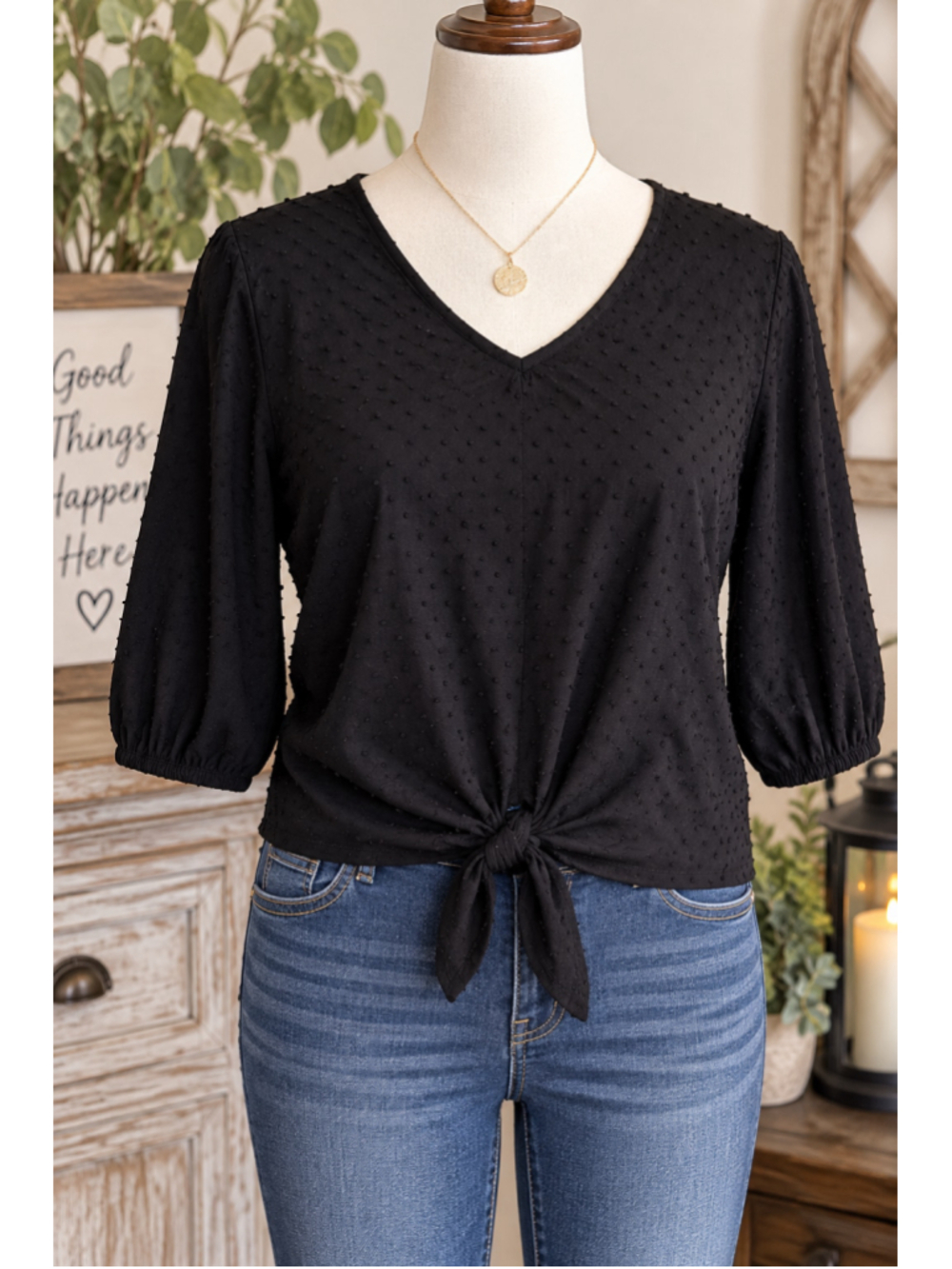 W5 Women's Black Tie-Front V-Neck 3/4 Sleeve Blouse Size M